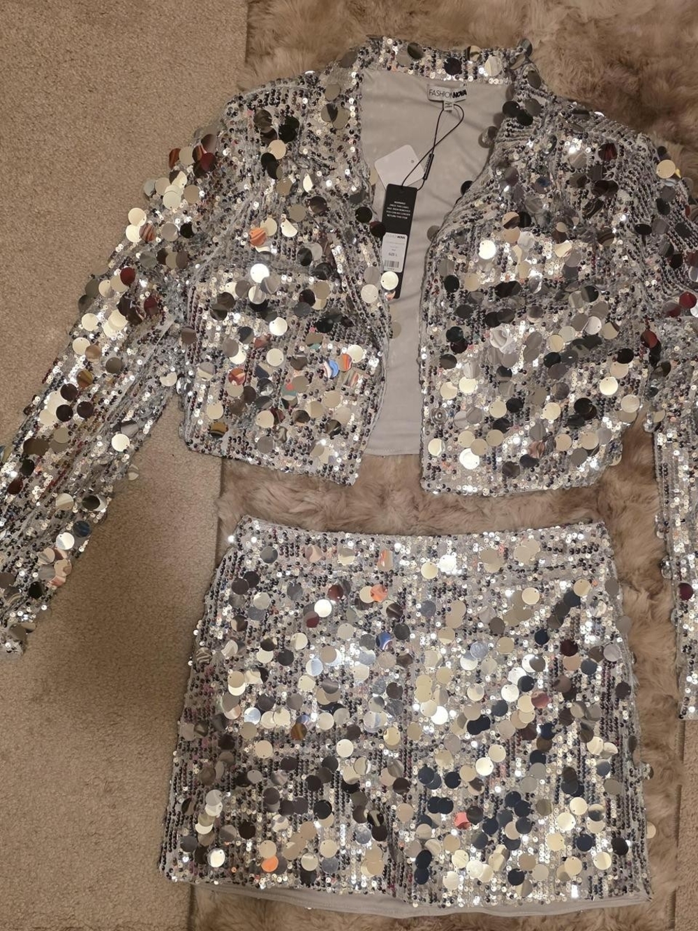 FN - Sequin Cropped Jacket & Mini Skirt Set - Silver Sz L